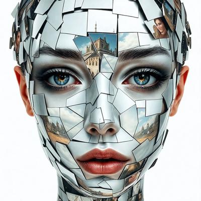 The primary subject of the image is a woman's face, which is made up of various pieces of artwork, such as paintings and photographs. The setting is a white background, and the visual style is a combination of digital art and illustration. The colors and mood of the image are predominantly white, with the artwork adding a variety of colors and textures.